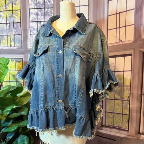 Hayden Los Angeles Jackets & Blazers - Hayden Denim Distressed Ruffle Jacket Short Sleeve Boho Flap Pockets Ombré 1XL
